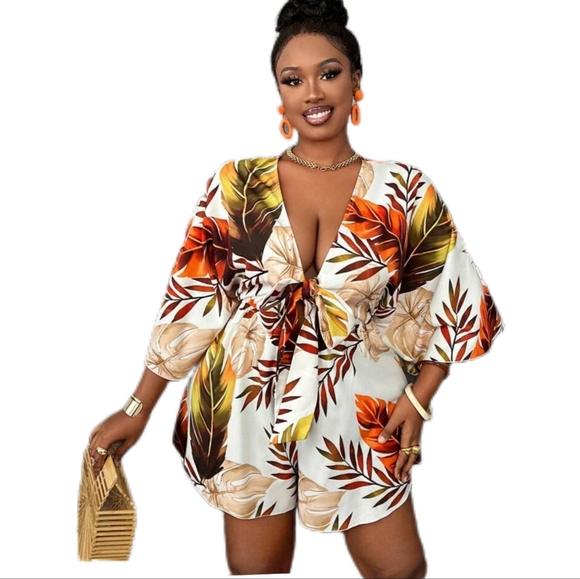 SHEIN Tropical Leaf Print Casual V-Neck Loose Fit Print Komono Style Romper 2XL - Picture 3 of 6